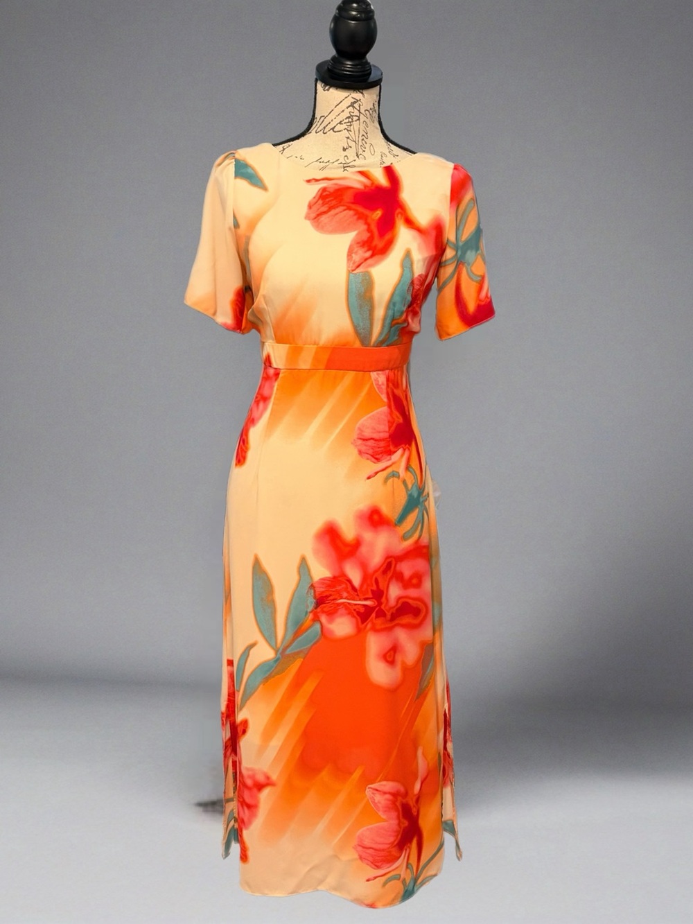 Maggy London Watercolor Floral Print Midi Dress - Boat Neck Empire Waist - Sz 6